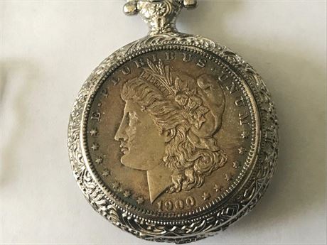 American Historic Society Pocket Watch with 1900 US Silver Dollar Coin & Display