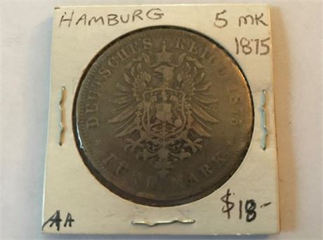 1875 Hamburg 5MK Coin