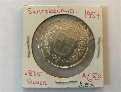 1954 Switzerland .835 Silver 5FR Coin