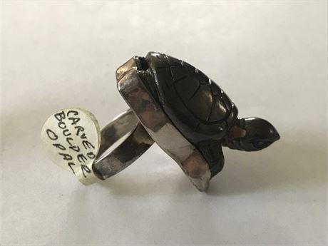Stamped Sterling AKR Labeled Carved Boulder Opal Size 6.5 Turtle Ring