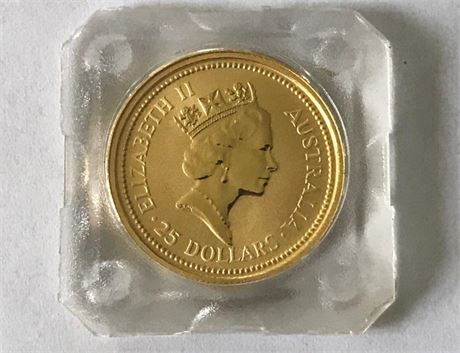 1990 Australia $25 Stamped 1/4oz. 9999 Gold Coin