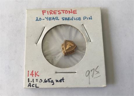 Firestone 20yr. Service Pin Stamped 14KT.