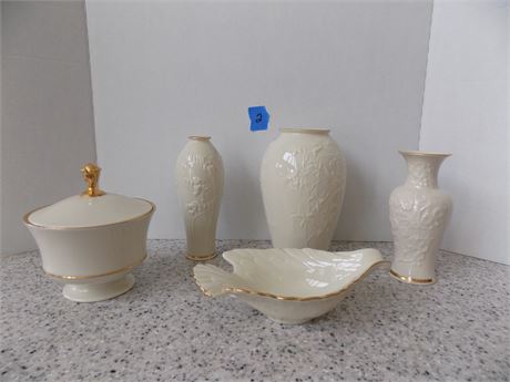Vintage Lenox Ming Blossom Vases, Ivory Bird Dove Candy Dish and Candy Jar