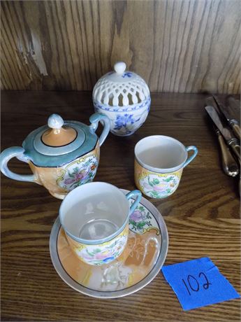 Tea Cup and Saucer Sugar Dish, Hand Painted
