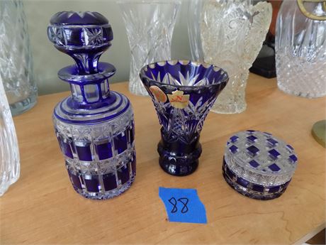Vintage Cobalt Cut Crystal Vases, Dish, Bleikristall, Barvaria-Germany, Nachtman