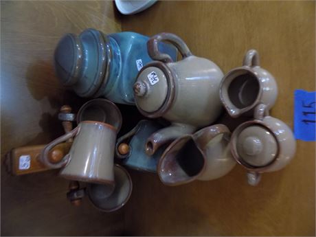 Pottery Mugs and Teapot, Creamer, Wood Mug Holder, Pittsfield Potters