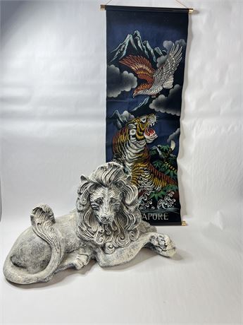 Large Ceramic Lion and Velvet Collector Wall-Hanging