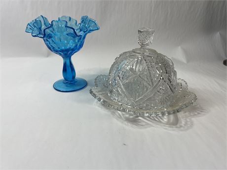 Butter Dish EAPG and Blue Compote