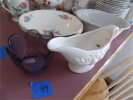 Floral Print Dishes, White, Purple Glass