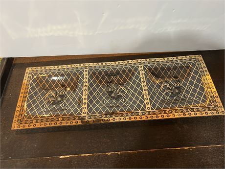 Vtg Divided Black Gold Glass Rooster Tray by Porter
