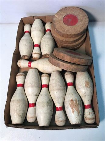 Flat of Wooden Bowling Pins & Pucks