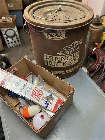 Minnow bucket, fishing supplies.