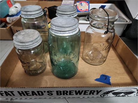 Canning jars, 2 Boyd, 1 Drey, 2 Mason