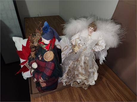 Christmas Pillow, Angle Tree Topper, and Snowman