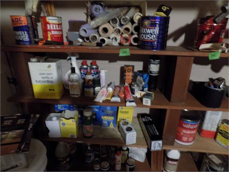 Shelf Lot paint Supplies, Lightbulbs, etc