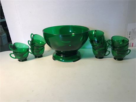 Green Glass Punch Bowl Set