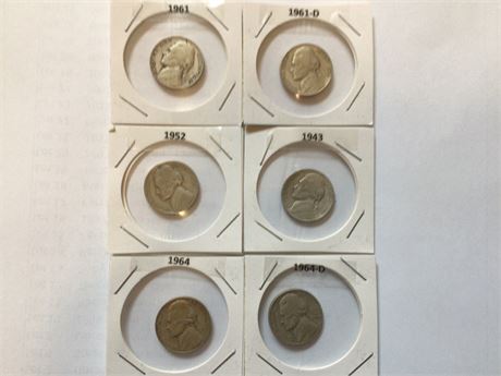 1961-D, 1964, 1961, 1943, 1964-D, 1952 Jefferson Nickels