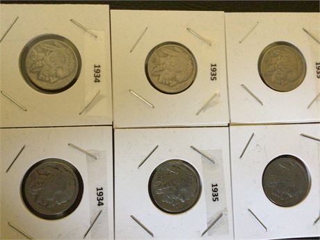 Buffalo Nickels - 1935, 1934, 1934, 1935, 1935, 1927