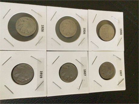 Buffalo Nickels 1919, 1926, 1926, 1926, 1927, 1927