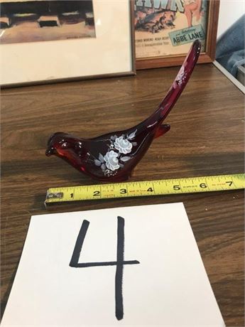 Stickered, Signed, Fenton Red Glass Bird
