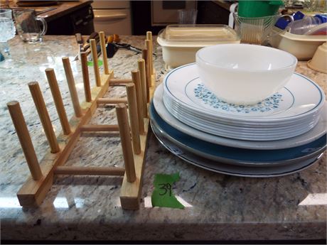 Corelle Dishes / Wood Pan / Plate Holder