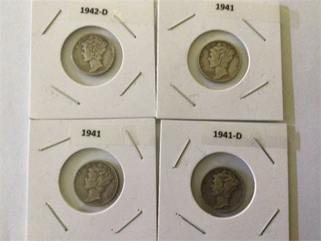 1941, 1941, 1941-D, 1942-D Mercury Dimes
