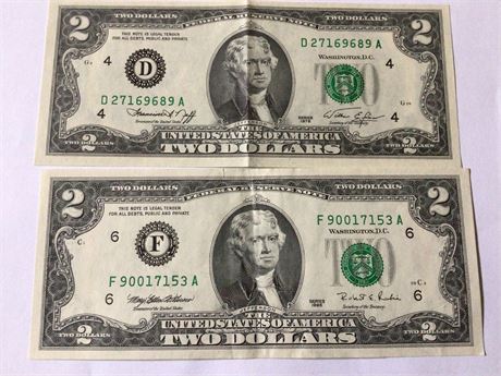 2 - $2 Dollar Bills - 1976 & 1995