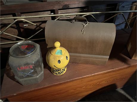 Lance Jar - No Lid, Smiley Cookie Jar and Empty Wood Sewing Machine Box