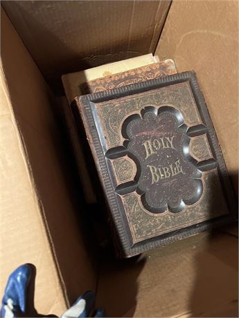 Box of Leather-Bound Books including Bibles