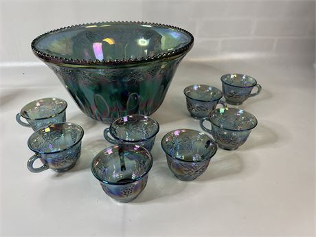 Blue Carnival Punch Bowl and Cups