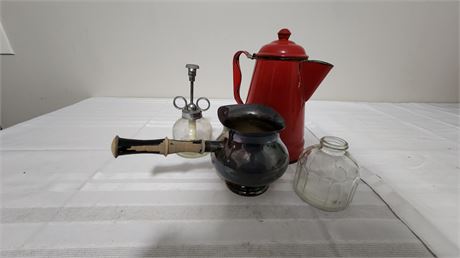 Glass Spray Bottle & Metal Coffee Pot