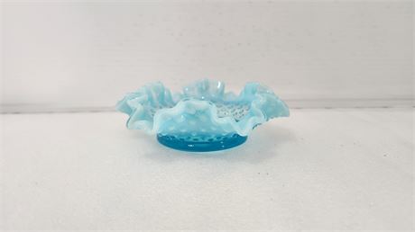 Unmarked Fenton Blue Opalescent Hobnail Ruffled Edge Candy Bowl
