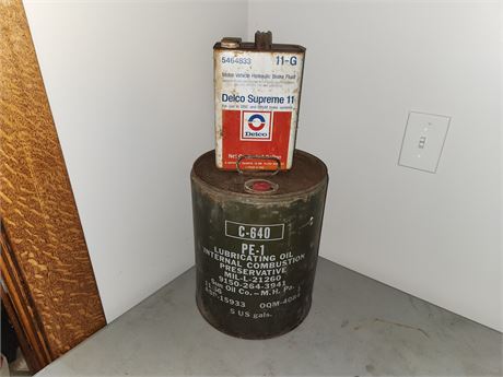 5 Gallon Military oil can & 1 gallon Delco Brake Fluid can