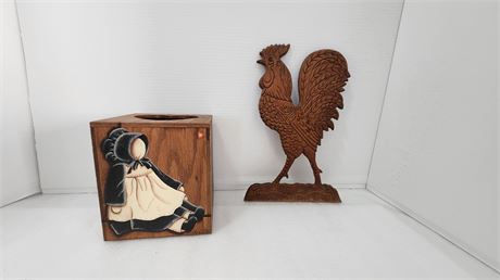 Wooden Rooster & Wood Amish Kleenex Box
