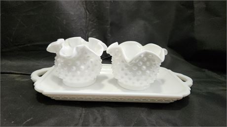 Unmarked Fenton Hobnail White Milk Glass Ruffled Edge & Flared Vase