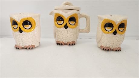 Vintage Owl Set. Salt, Pepper, & Creamer