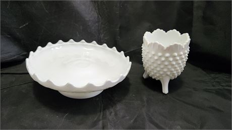 Unmarked Fenton Hobnail Ruffled Top Leg Vase & Milk glass Pedastal shallow Dish