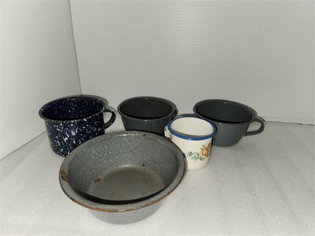 Enamel cups and bowl