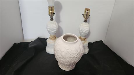 2 Hobnail Lamps & Vase