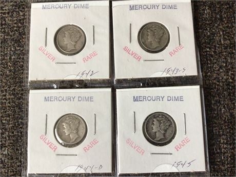 1942, 1943-S, 1944, - D, 1945 Mercury Dimes