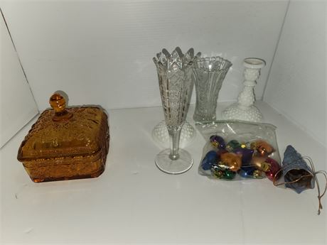 Glassware, 2 Hob nail Candle Holders, Amber dish