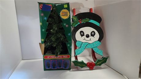 !8" Fiberoptic Tree & Wooden Snowman Sleigh Decoration