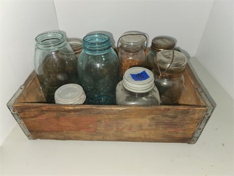 Quart & 1/2 Gallon Jars In Wood Crate