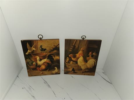 2 Vintage Chicken Pictures On Wood