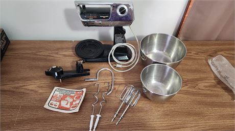 Vintage Stand Up Mixer With Attachments & Lot Of 3 Coffee Mugs & Vintage Themos