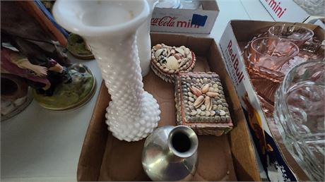 2 Shell Trinkets Boxes & Pewter vase & Misc.Glassware