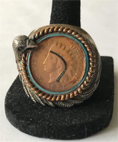 Stamped BGE 925 1905 US Indian Head Penny Size 9.5 Ring