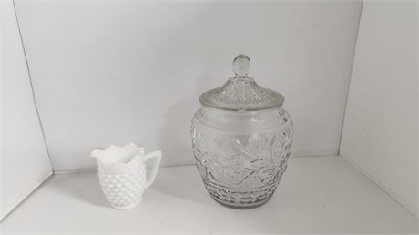 Fenton Hobnail Milk glass & Glass Jar