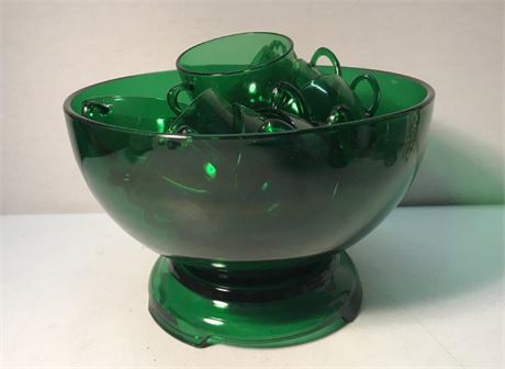Green Glass Punch Bowl Set