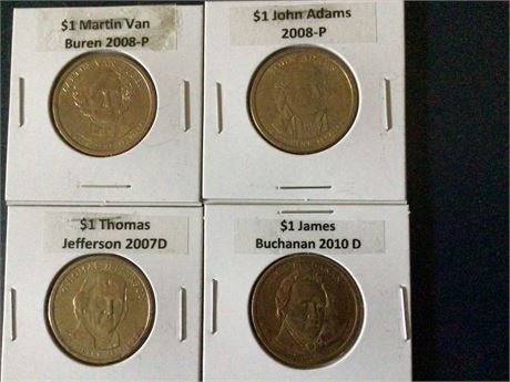 $1 Coins - James Buchanan, Thomas Jefferson, John Adams, Martin Van Buren